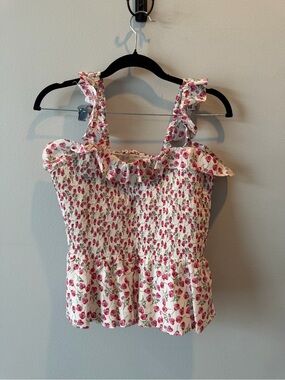 Floral Ruffle Smocked Tank Top - White with Pink Cherry Print